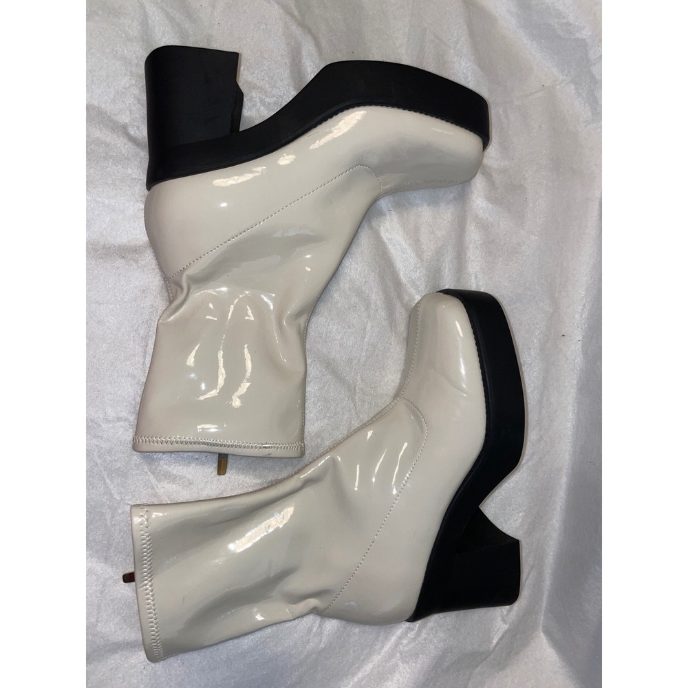 Nine West Cream Patent Platform Ankle Boots Square Toe Block Heel Womens 9.5M
